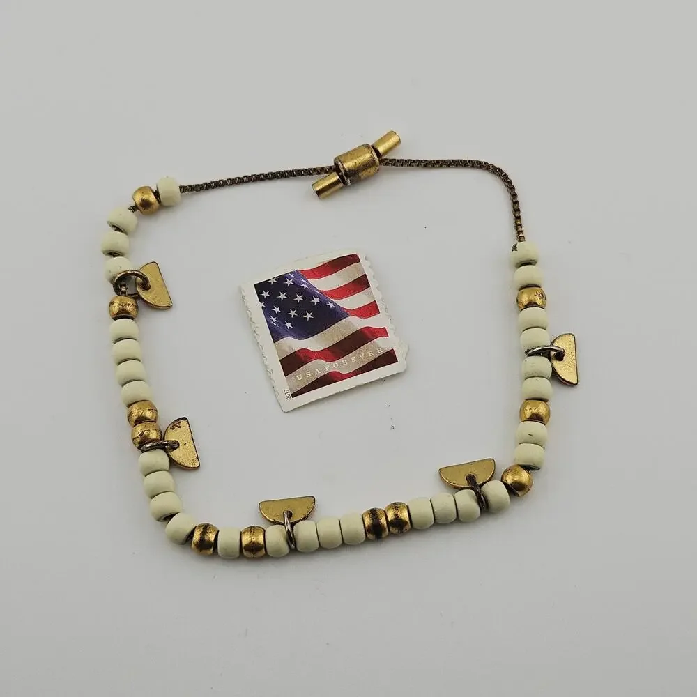 Gold Tone & White Beaded Adjustable Bracelet Stackable Simple Boho Artsy
